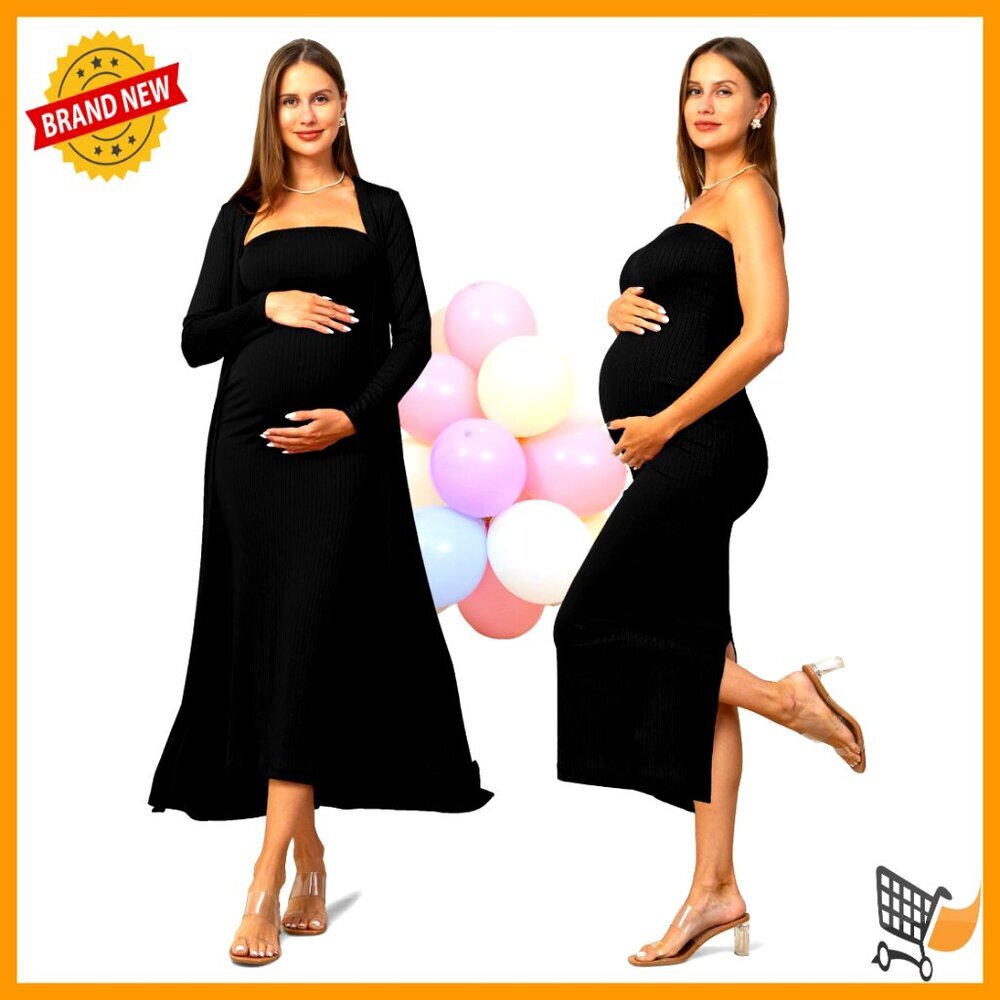 2 Piece Maternity Dress Cardigan Set Bodycon Tube Maxi Fall Photoshoot